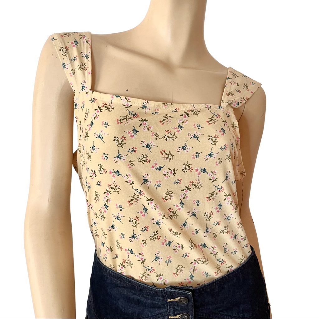 Bcbgeneration Yellow Floral Cap Sleeve Bodysuit- Large